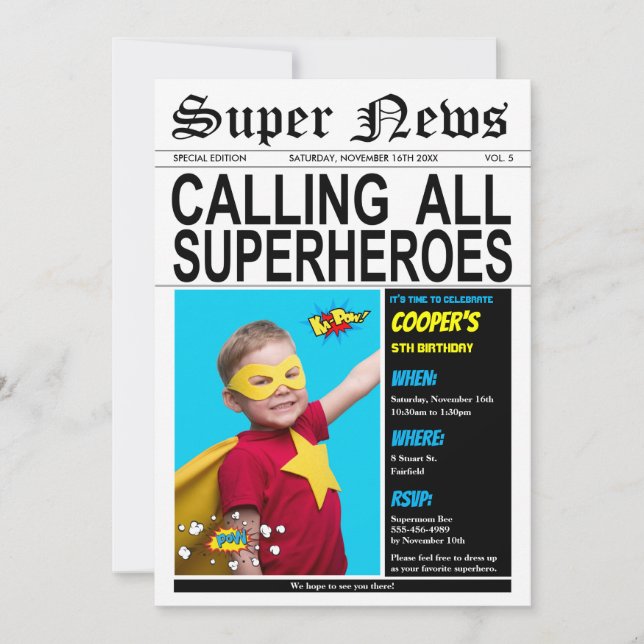 Superhero Birthday Party Super Hero Boy Girl Photo Invitation (Front)
