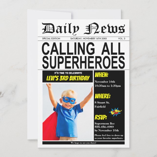 Superhero Birthday Party Super Hero Boy Photo Invitation (Front)