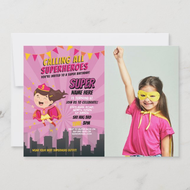 Superhero Birthday Pink Girls Super Photo Invitation (Front)