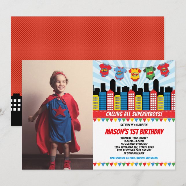 Superhero Boy 1st Birthday Cityscape Party Photo Invitation (Front/Back)