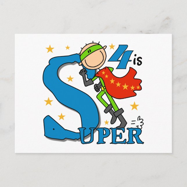 Superhero Boy 4th Birthday Tshirts and Gifts Postcard (Front)