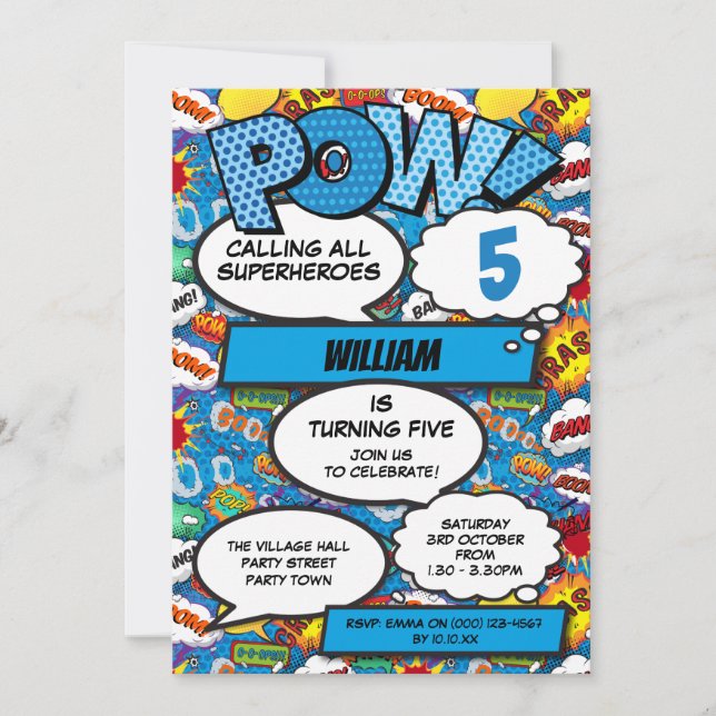 Superhero Boy Comic Book Birthday Party Blue Invitation (Front)