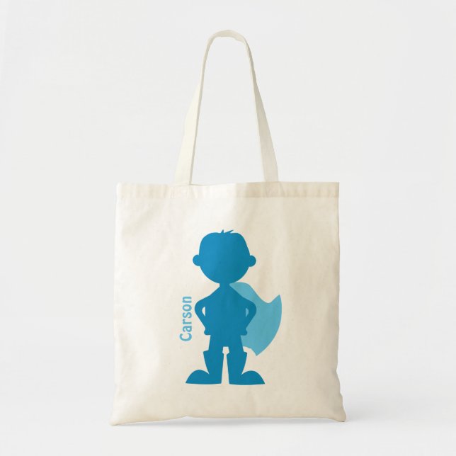 Superhero Boy Silhouette Personalised Blue Tote Bag (Front)