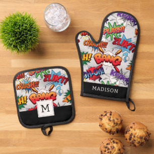 Superhero Bubble Pattern Oven Mitt & Pot Holder Set