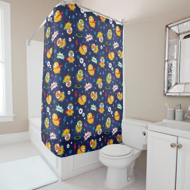 Superhero Chicken Shower Curtain (In Situ)