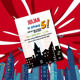 Superhero City Building Theme Kids Birthday Invitation