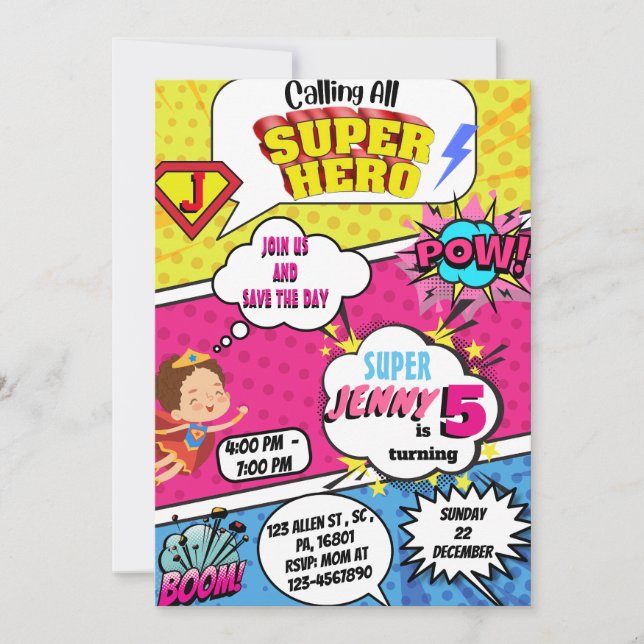 Superhero Comic Birthday Invitation for GIRLS  (Front)