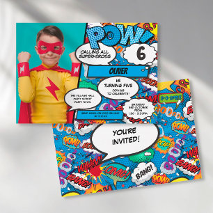 Superhero Comic Birthday Party Blue Photo Invitati Invitation