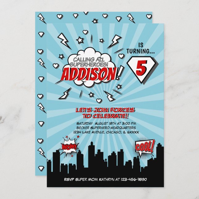 Superhero Comic Birthday Party Invitation (Front/Back)