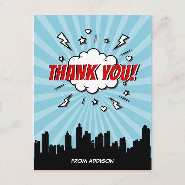 Superhero Comic Birthday Party Thank You Postcard (Front)