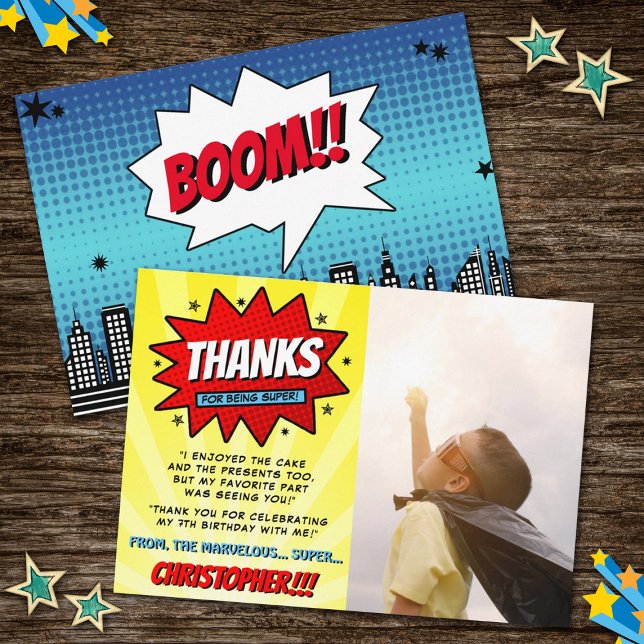 Superhero Comic Book Any Age Birthday Photo Thank You Card (Creator Uploaded)
