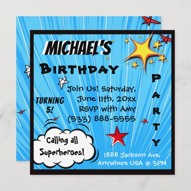 Superhero Comic Book Blue Birthday Party Invitation (Front/Back)