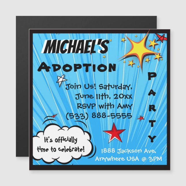 Superhero Comic Book Style Adoption Party Supplies Magnetic Invitation (Front/Back)