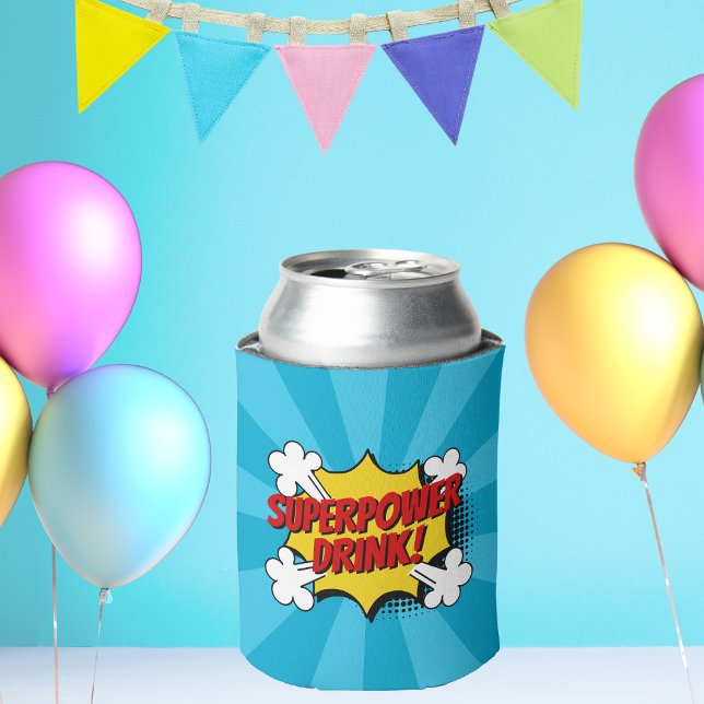 Superhero Comic Book Style Boy Birthday Blue Can Cooler (Creator Uploaded)