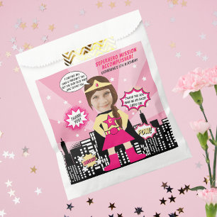 Superhero Comic Book Style Girl Birthday Photo Favour Bags