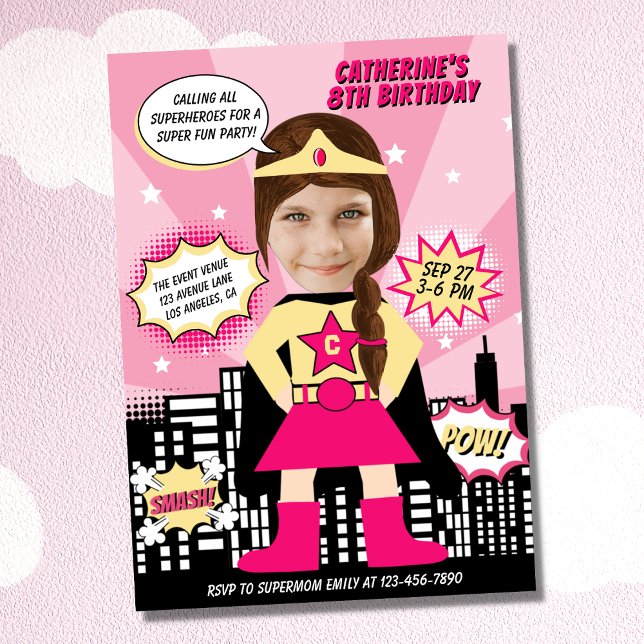 Superhero Comic Book Style Girl Birthday Photo  Invitation (Creator Uploaded)