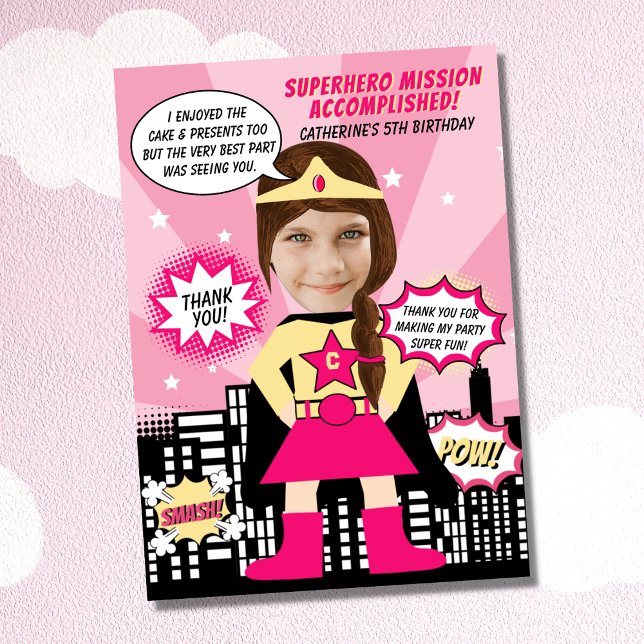 Superhero Comic Book Style Girl Birthday Photo  Thank You Card (Creator Uploaded)