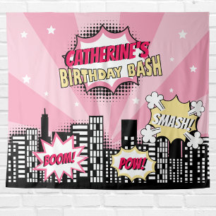 Superhero Comic Book Style Girl Birthday Pink Tapestry