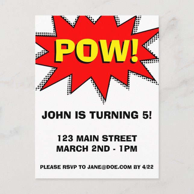 Superhero Comic Book Themed Invitation Template (Front)