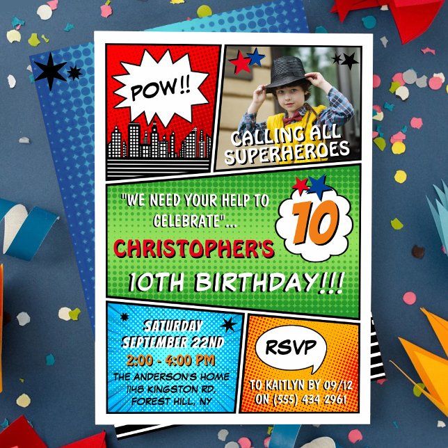 Superhero Comic Photo Any Age Birthday Invitations (Creator Uploaded)