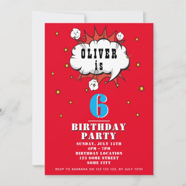 Superhero Comic Speech Bubble Boy Birthday Party Invitation (Front)