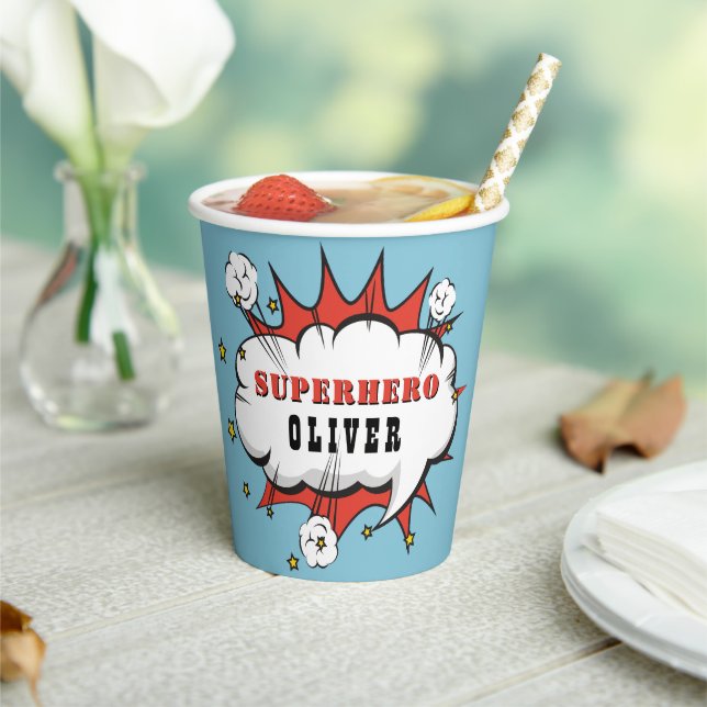 Superhero Comic Speech Bubble Boy Birthday Party Paper Cups (Insitu)