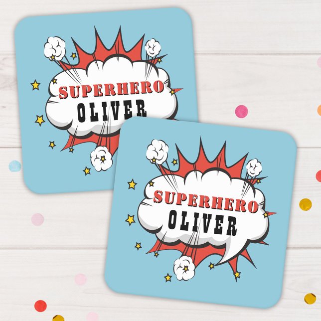 Superhero Comic Speech Bubble Boy Birthday Party  Square Paper Coaster (Creator Uploaded)