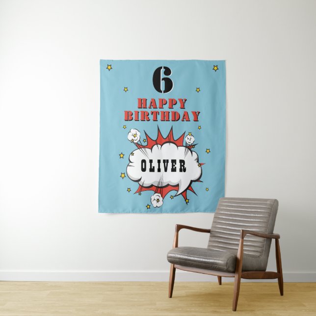 Superhero Comic Speech Bubble Boy Birthday Party  Tapestry (In Situ)