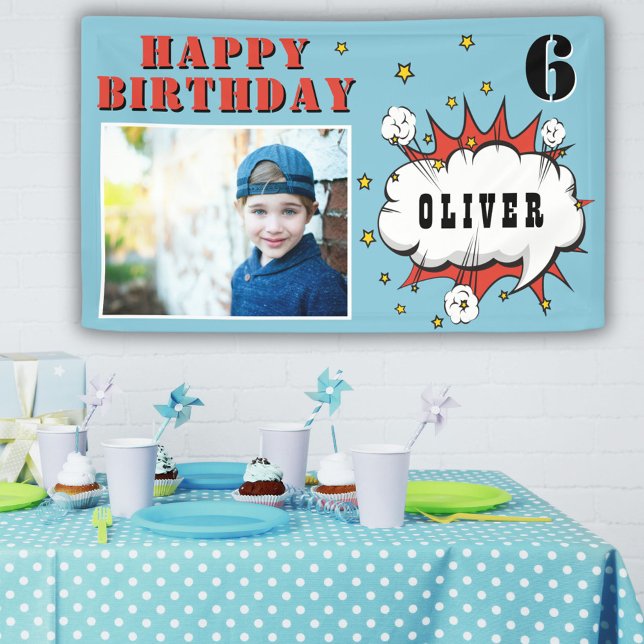 Superhero Comic Speech Bubble Boy Birthday Photo Banner (Creator Uploaded)