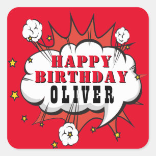 Superhero Comic Speech Bubble Boy Happy Birthday Square Sticker