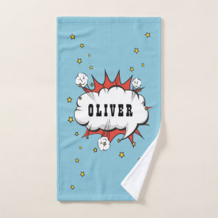 Superhero Comic Speech Bubble Boy Name Bath Towel Set
