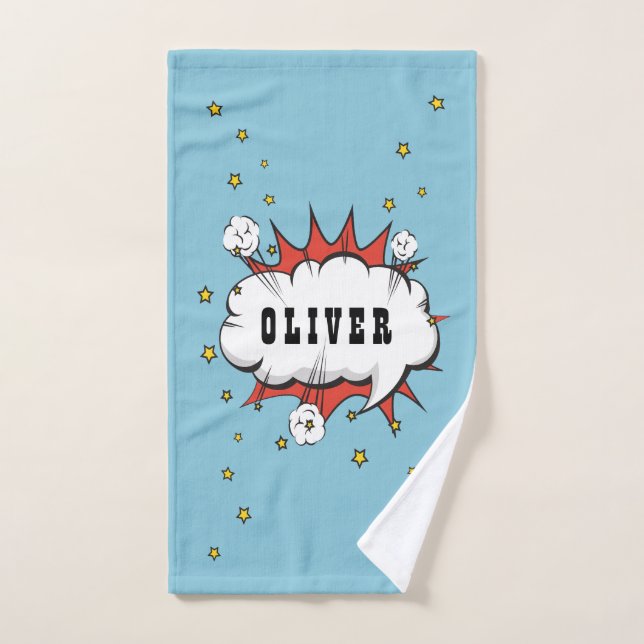 Superhero Comic Speech Bubble Boy Name Bath Towel Set (Hand Towel)
