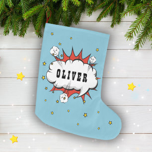 Superhero Comic Speech Bubble Boy Name Large Christmas Stocking