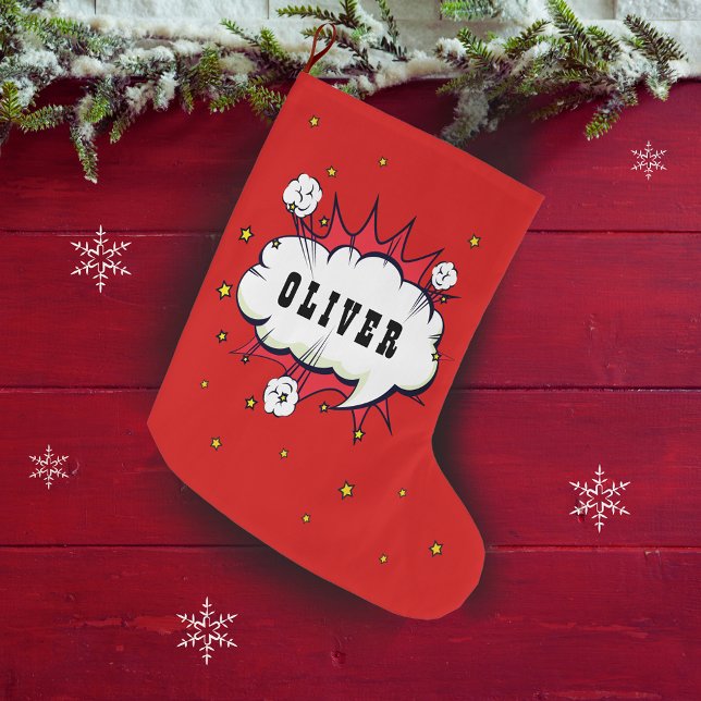 Superhero Comic Speech Bubble Boy Name Large Christmas Stocking (Creator Uploaded)