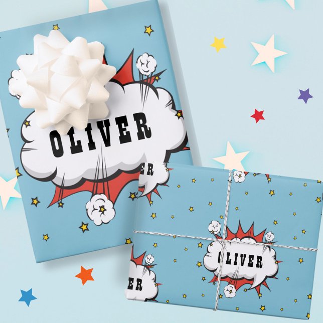 Superhero Comic Speech Bubble Boy Name  Wrapping Paper Sheet (Creator Uploaded)