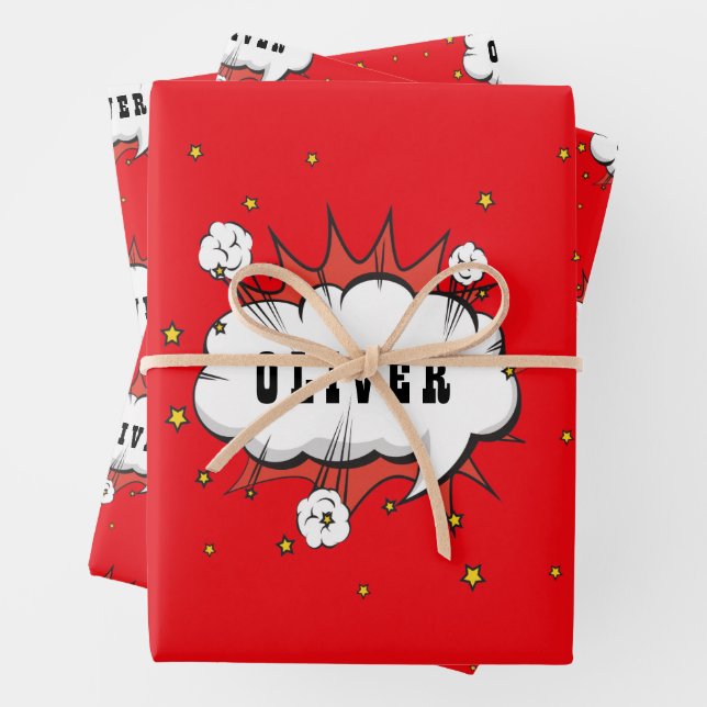 Superhero Comic Speech Bubble Boy Name  Wrapping Paper Sheet (In situ)