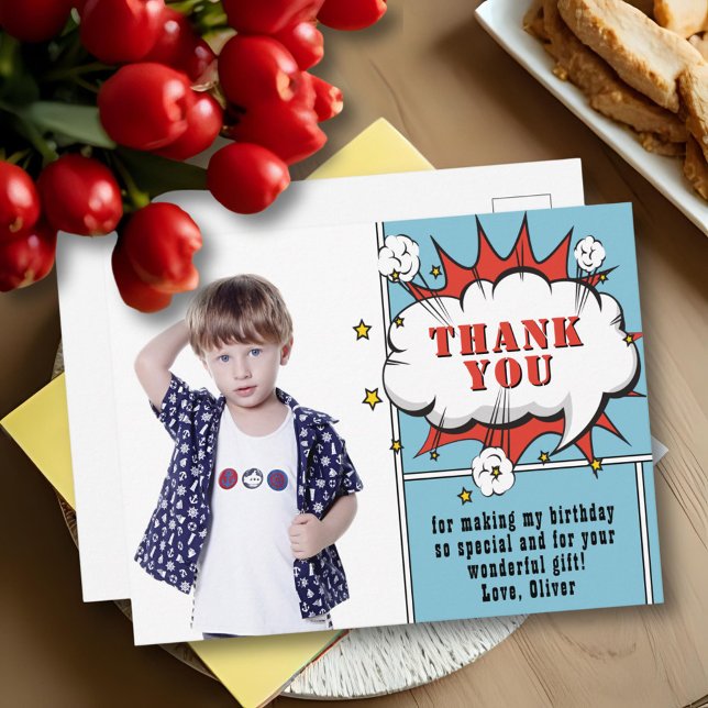 Superhero Comic Speech Bubble Photo Birthday Thank Postcard (Creator Uploaded)