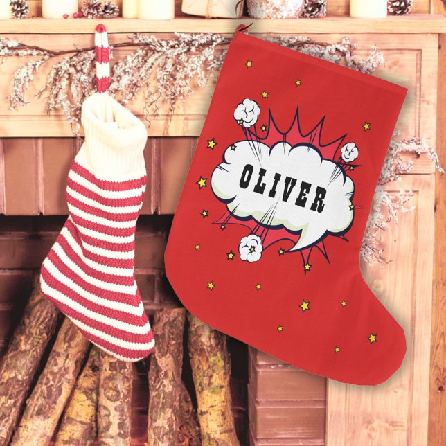 Superhero Comic Speech Bubble Red Boy Name Large Christmas Stocking (Creator Uploaded)