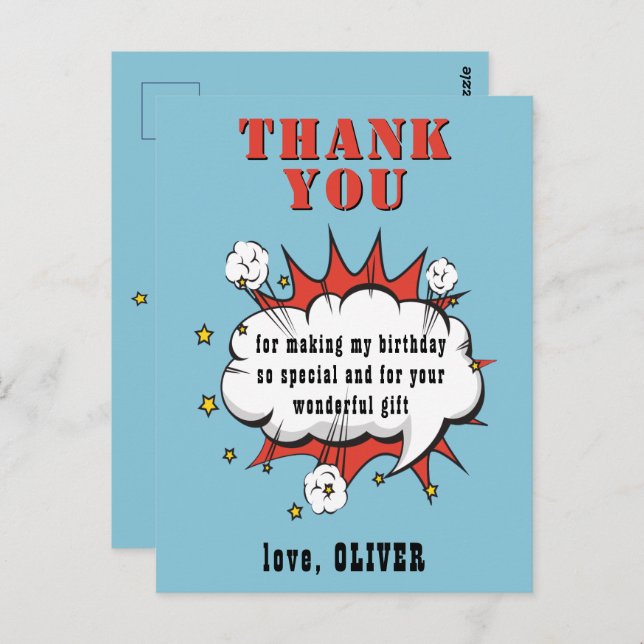 Superhero Comic Speech Cloud Birthday Thank you Postcard (Front/Back)