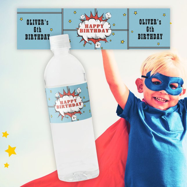 Superhero Comic Speech Cloud Boy Birthday Water Bottle Label (Creator Uploaded)