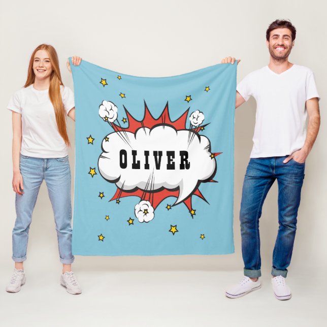 Superhero Comic Speech Cloud Boy Name Fleece Blanket (In Situ)