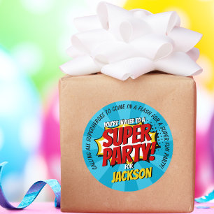 Superhero Comic Style Boy Birthday Blue  Classic Round Sticker