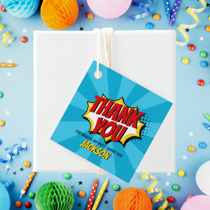 Superhero Comic Style Boy Birthday Blue Favour Tags
