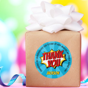 Superhero Comic Style Boy Birthday Blue Thank You Classic Round Sticker