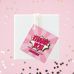 Superhero Comic Style Girl Birthday Pink Favour Tags