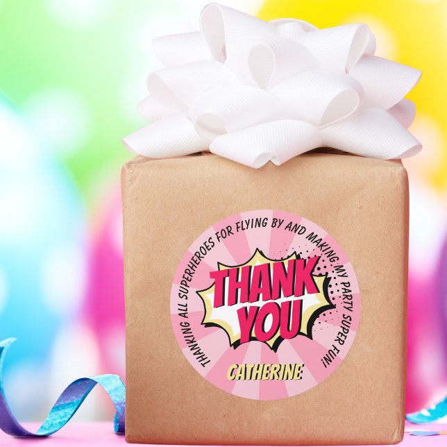 Superhero Comic Style Girl Birthday Pink Thank You Classic Round Sticker (Creator Uploaded)