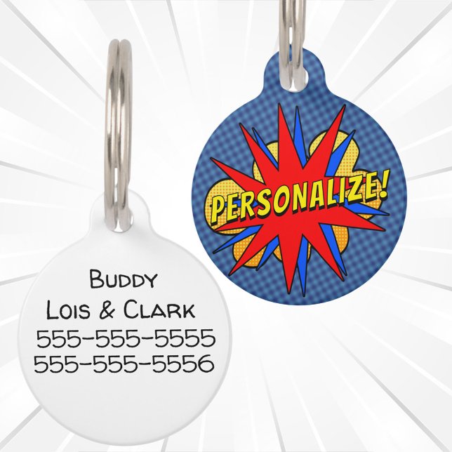 Superhero Custom Comic Book Dog ID Tag (Fun personalized comic book style dog ID tag.)