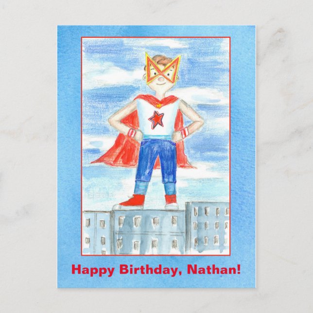 Superhero Custom Name Happy Birthday Postcard (Front)