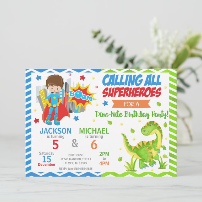 Superhero & Dinosaur Joint Birthday Invitation (Standing Front)