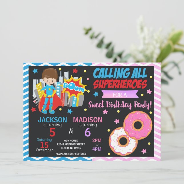Superhero & Donut Joint Birthday Invitation (Standing Front)